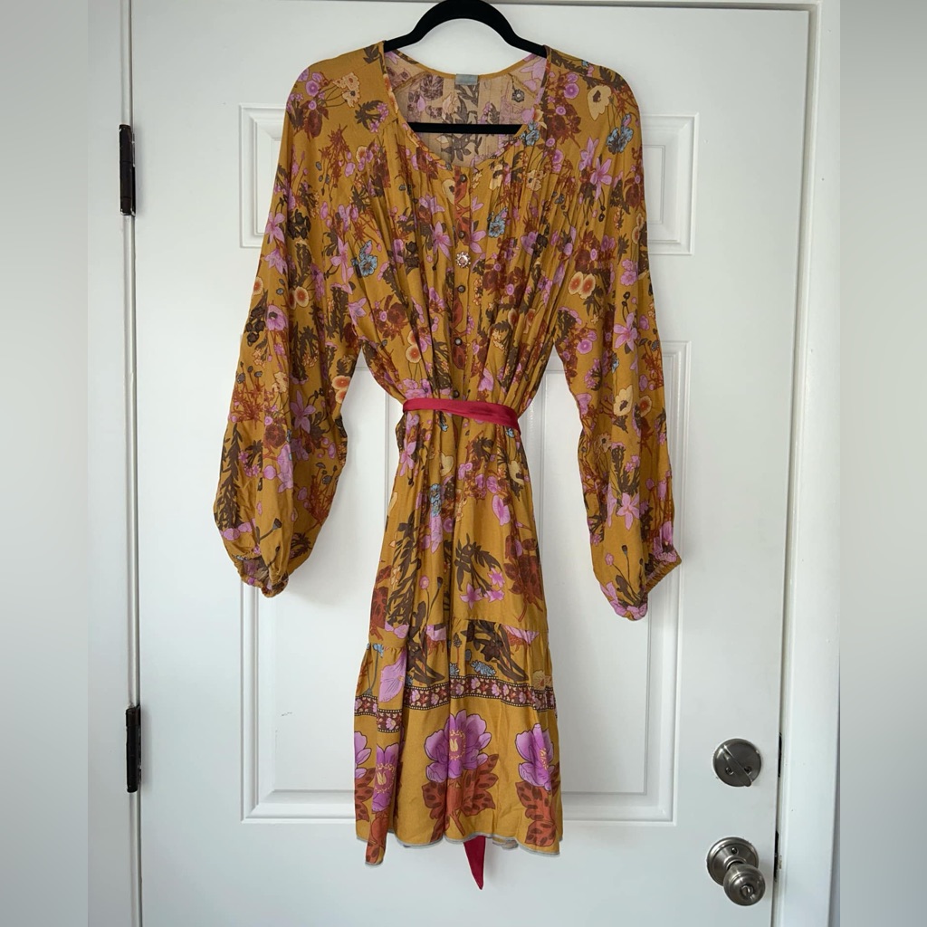 Aratta Silent Journey Anthropologie Size Xl Yellow Floral Waist Tied Dress
